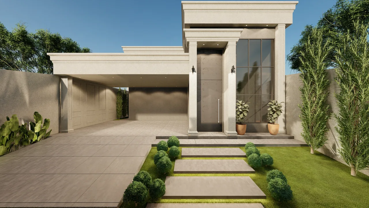 Casa com entrada em pórtico e colunas, projeto MV Engenharia