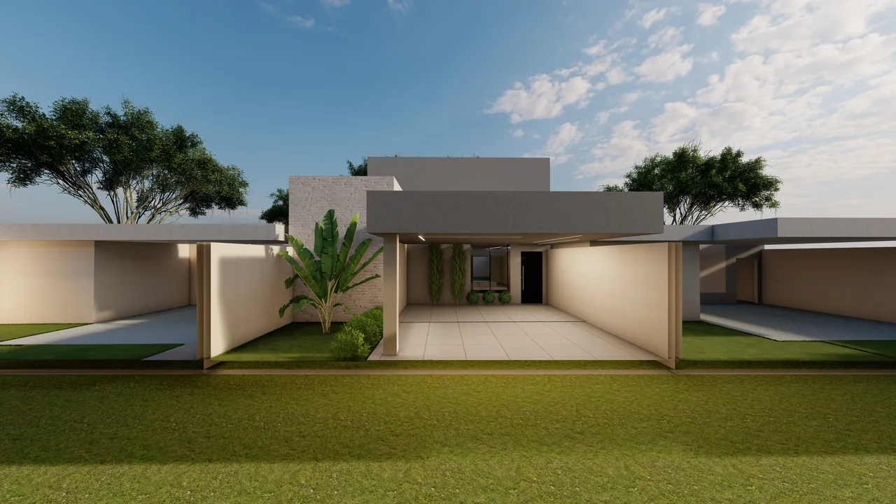 Casa térrea moderna com recuo central, projeto MV Engenharia